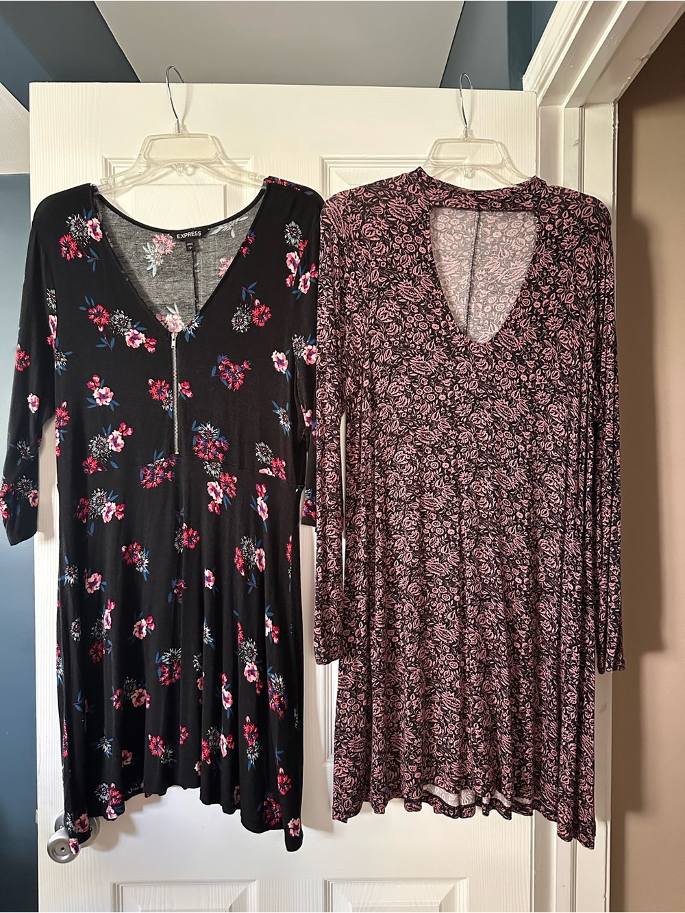 Express Black Floral V-Neck Dress with Pink & Blue Flowers